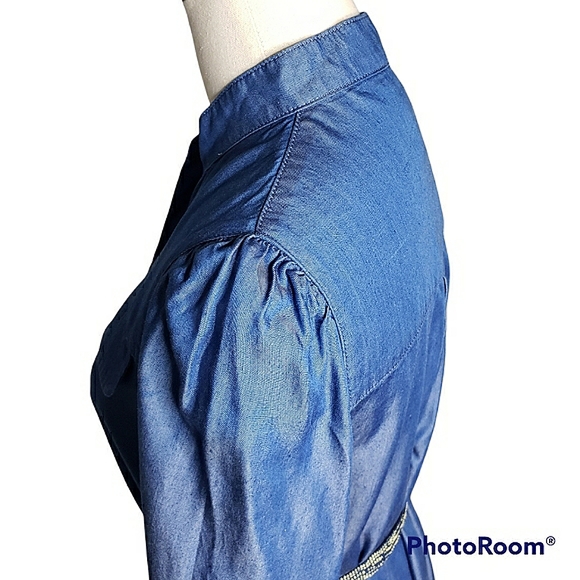 Massimo Dutti Shirt Dress 3/4 Sleeves Mockneck Minimalist Lyocell Chambray Midi - Picture 5 of 16